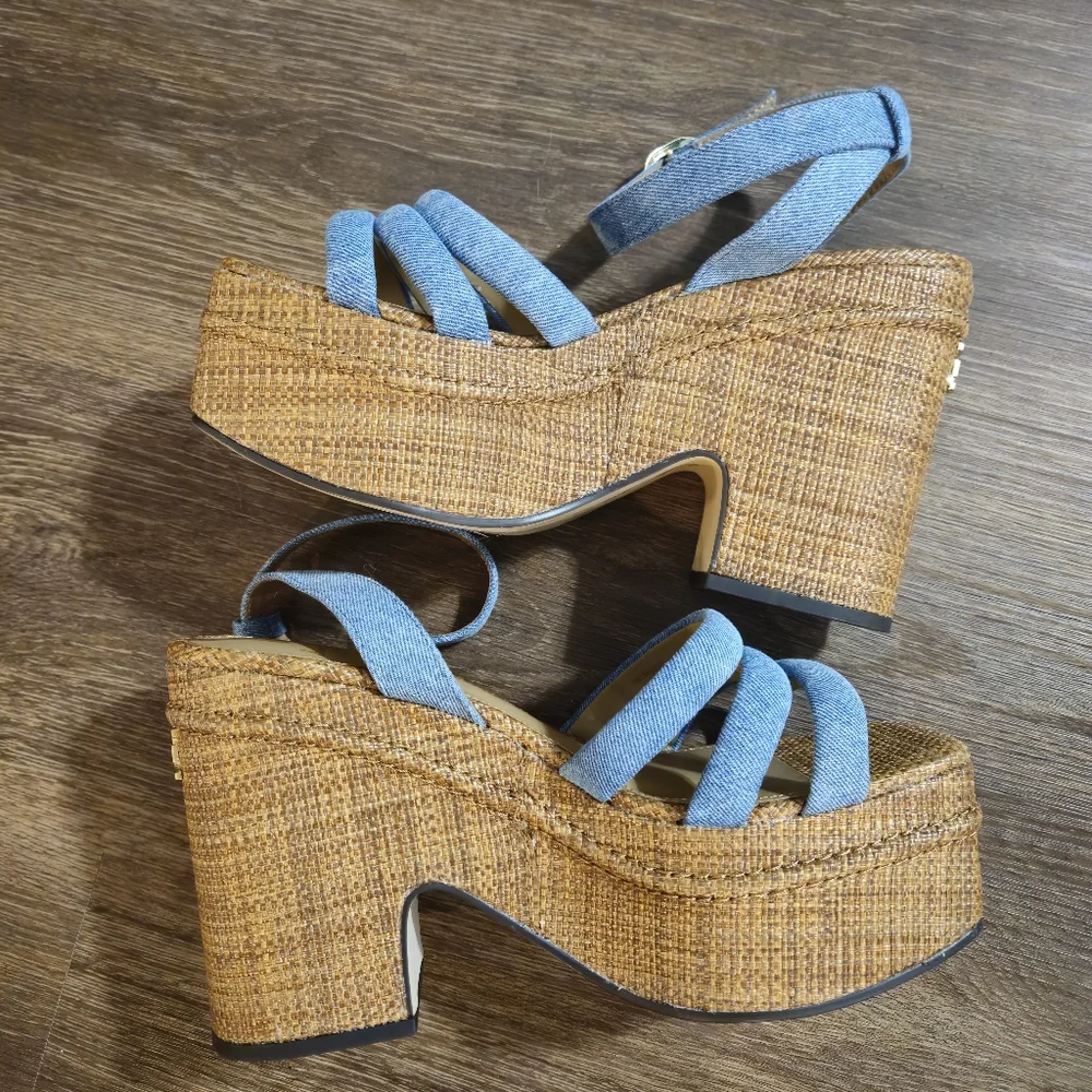 Sam Edelman Tibby Blue Denim Platform Wedge Sandals Sz 8.5 - Picture 10 of 12